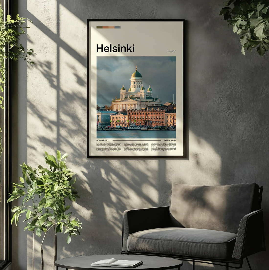 Helsinki Domed Cathedral Travel Print framed on the wall of a relaxed living room