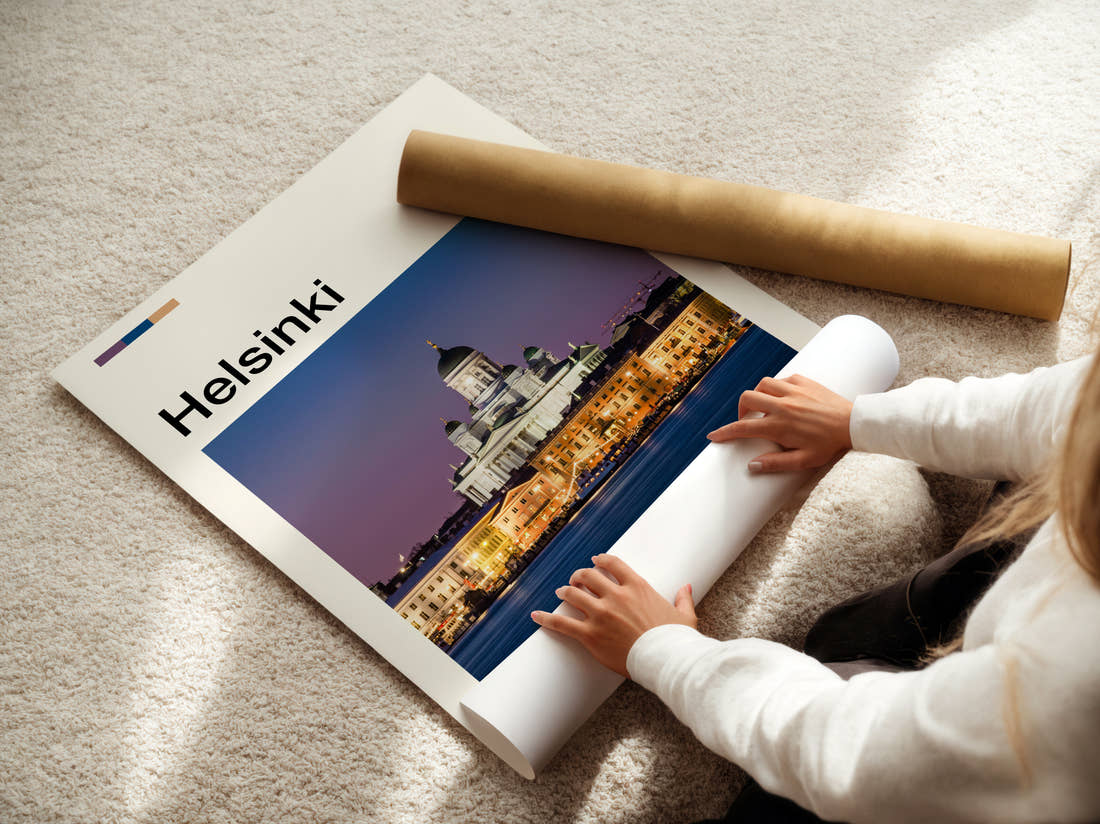 Helsinki Cathedral At Night Travel Print being unrolled from its postal tube