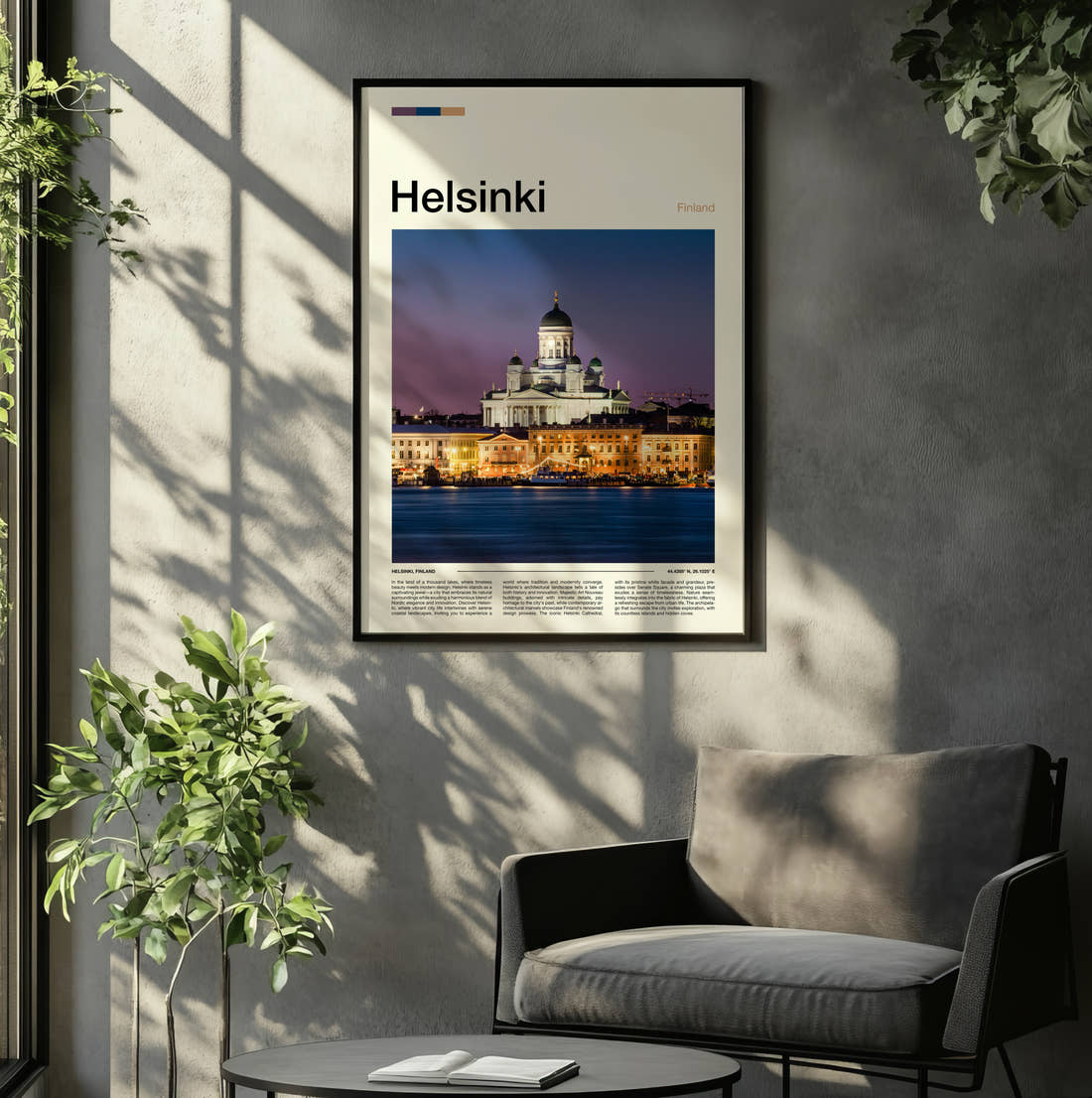 Helsinki Cathedral At Night Travel Print framed on the wall of a relaxed living room
