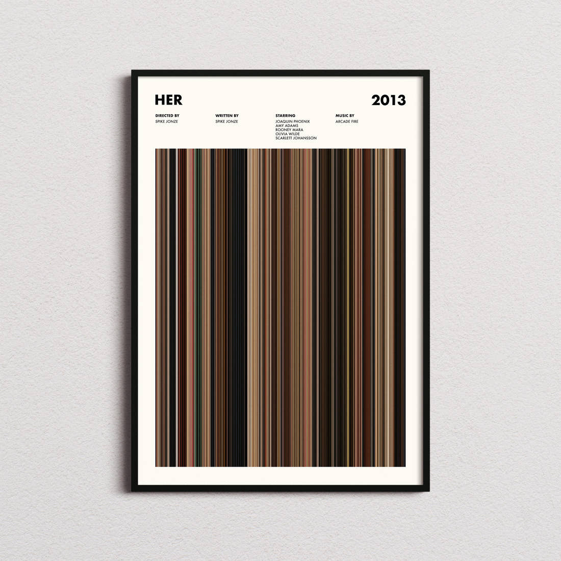 Her Movie Barcode Poster framed on a plain studio wall