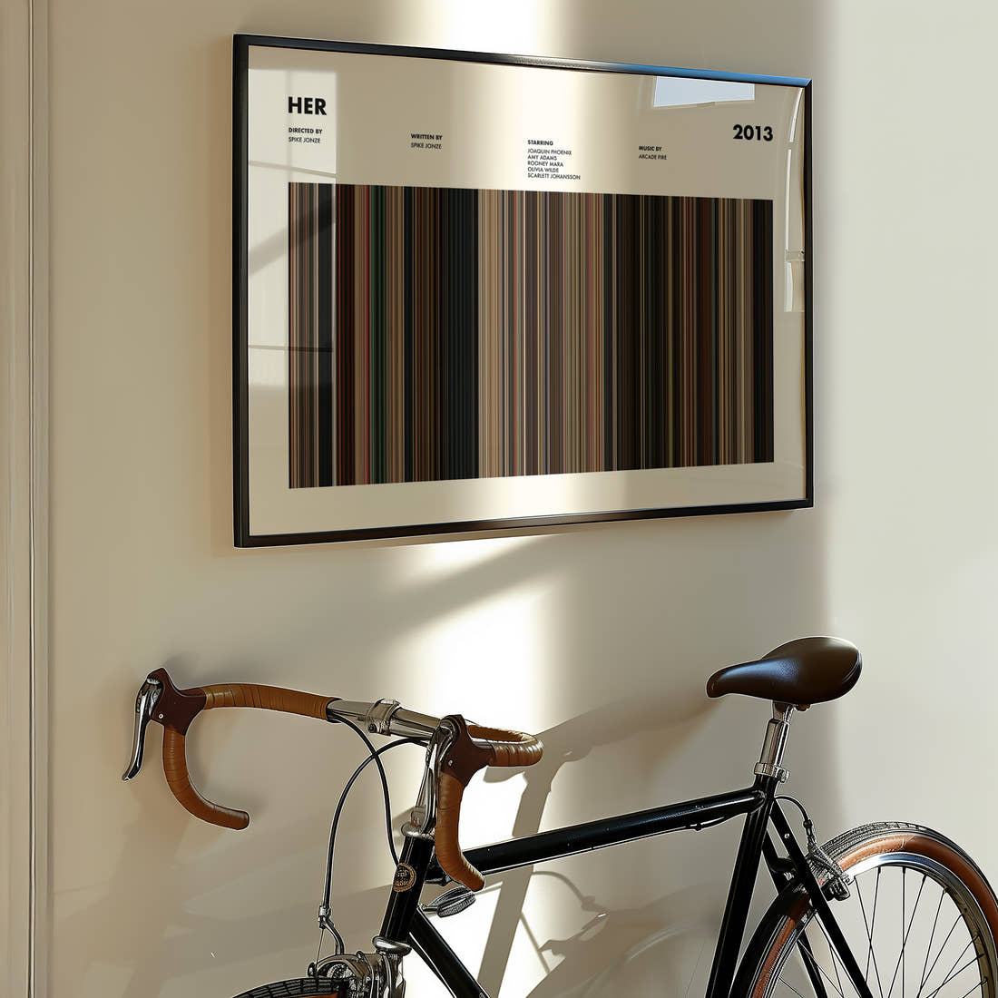 Her Movie Barcode Poster framed on the wall of a styled room setting