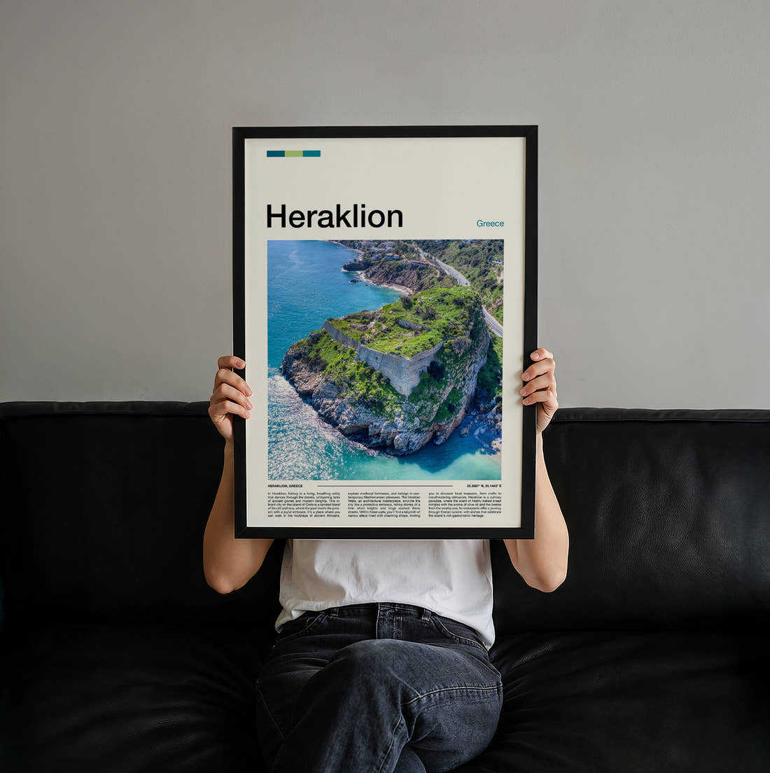 Heraklion Rocky Islet Travel Print held up by hand to show the size of the print