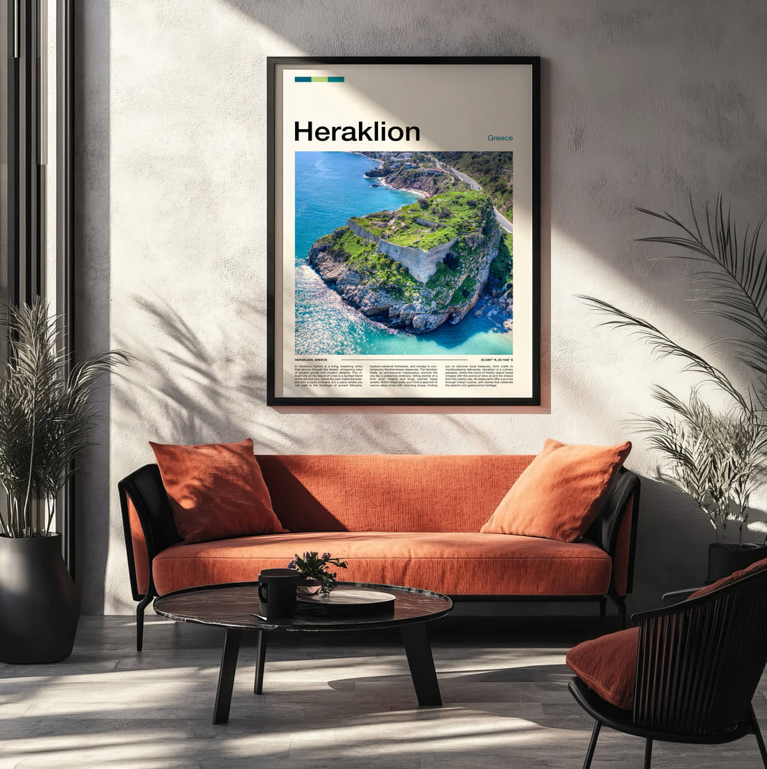 Heraklion Rocky Islet Travel Print framed on the wall of a modern living room