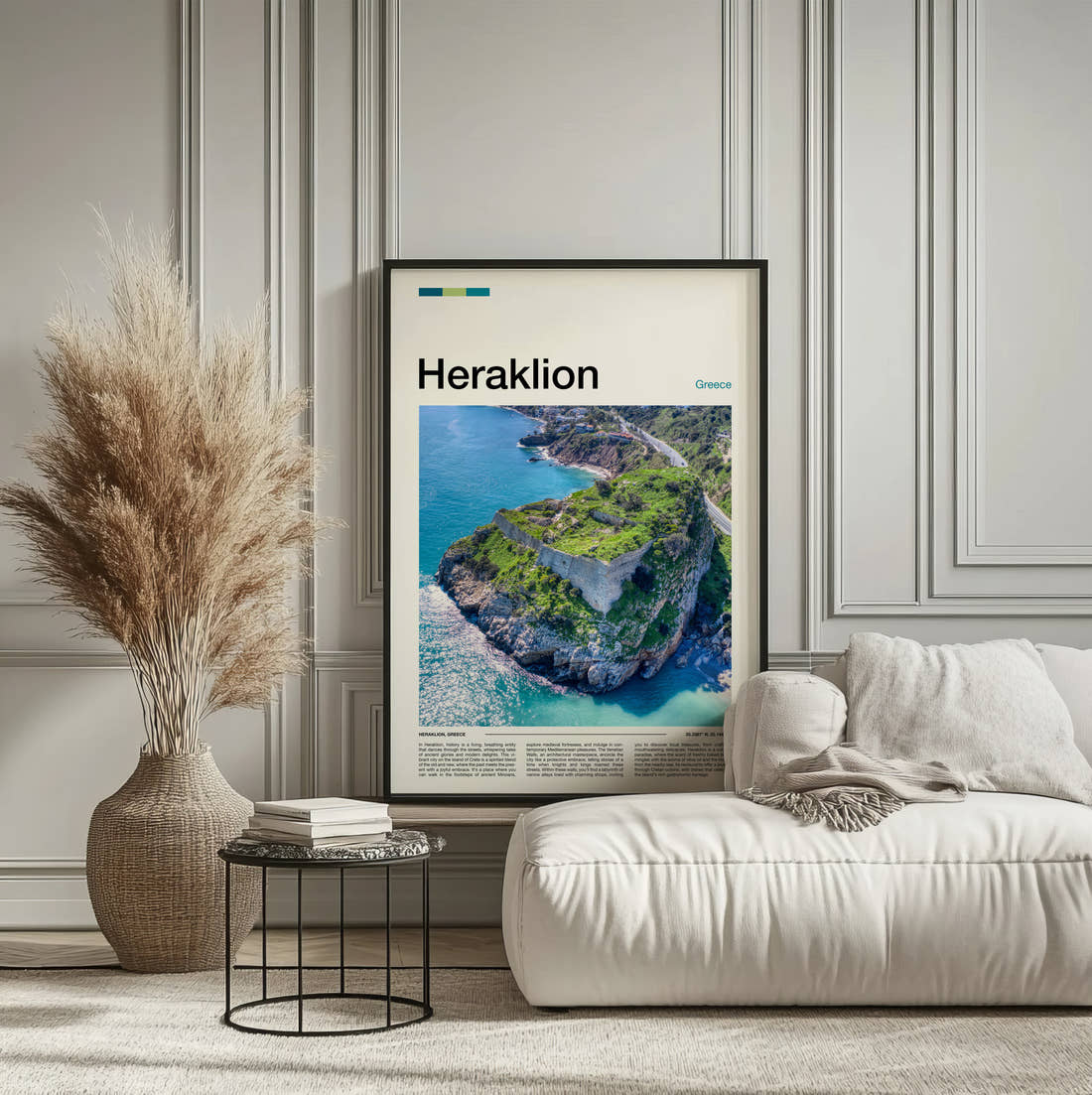 Heraklion Rocky Islet Travel Print framed on the wall of a calm, neutral bedroom