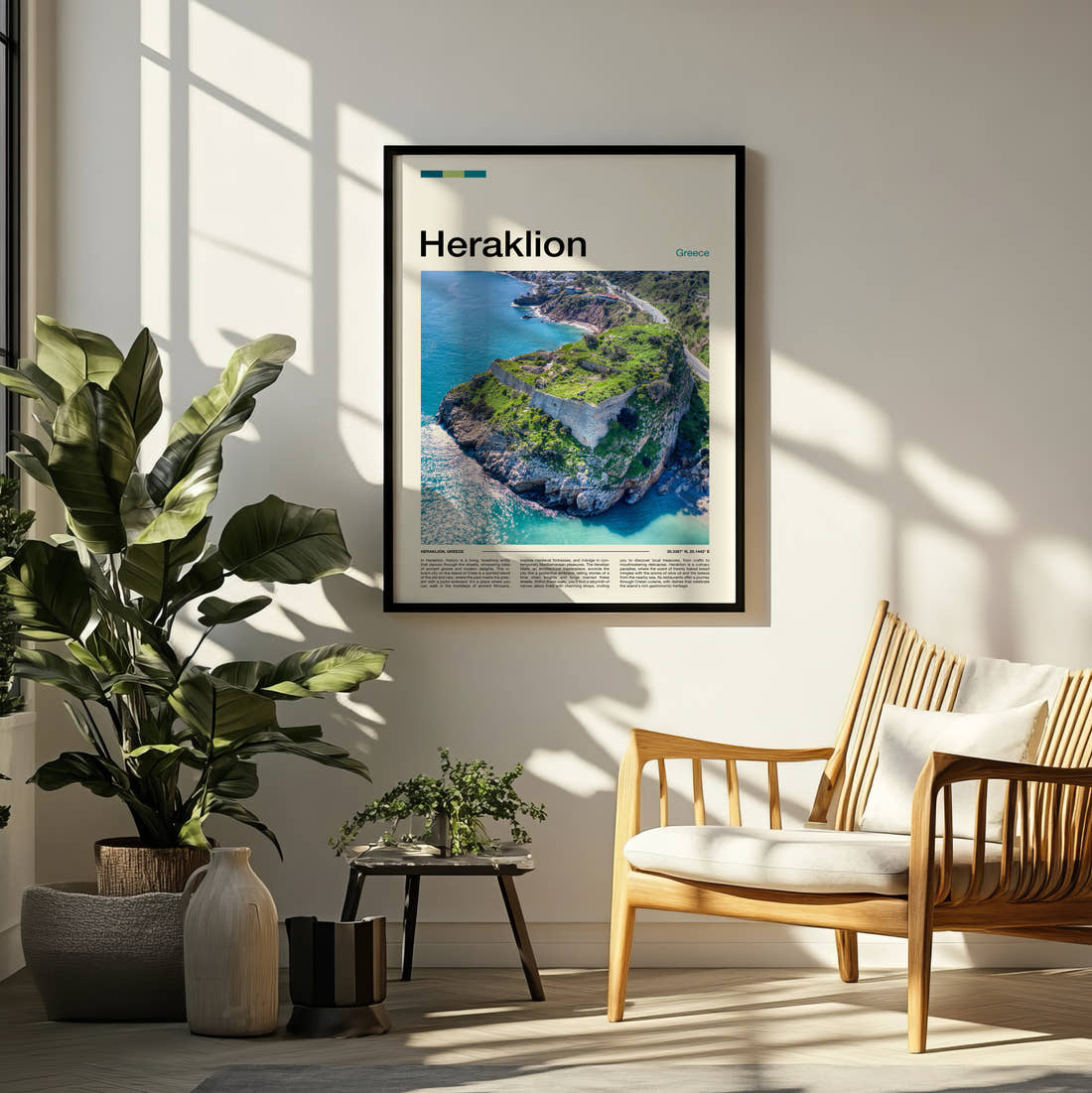 Heraklion Rocky Islet Travel Print framed on a pale wall beside houseplants