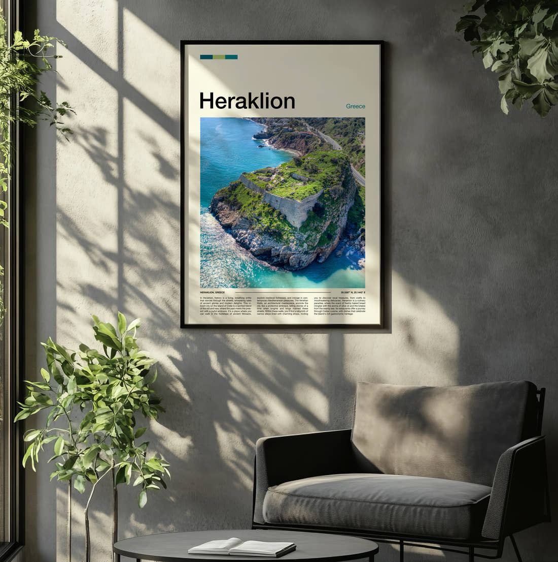 Heraklion Rocky Islet Travel Print framed on the wall of a relaxed living room