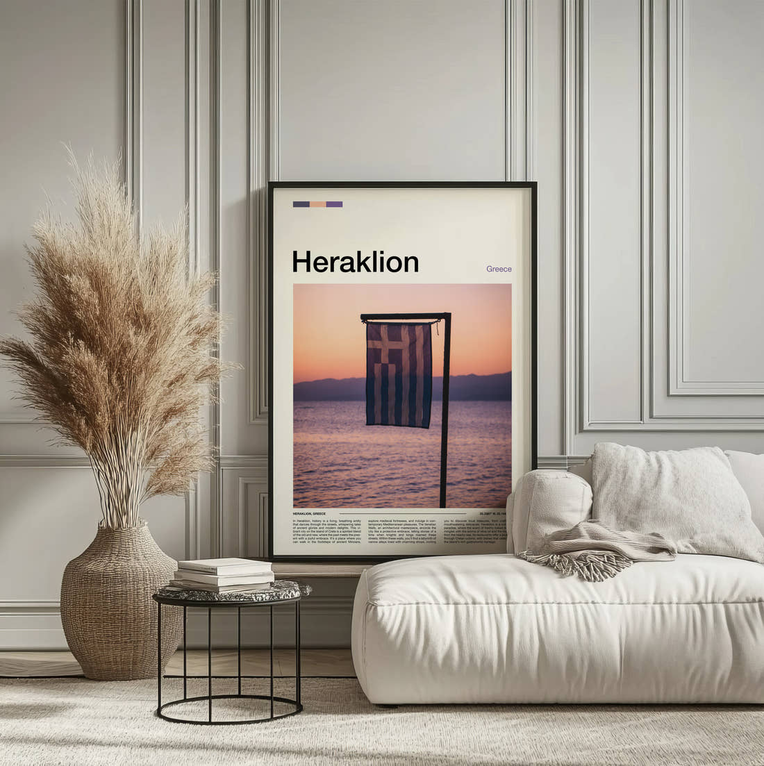 Heraklion Greek Flag Travel Print framed on the wall of a calm, neutral bedroom