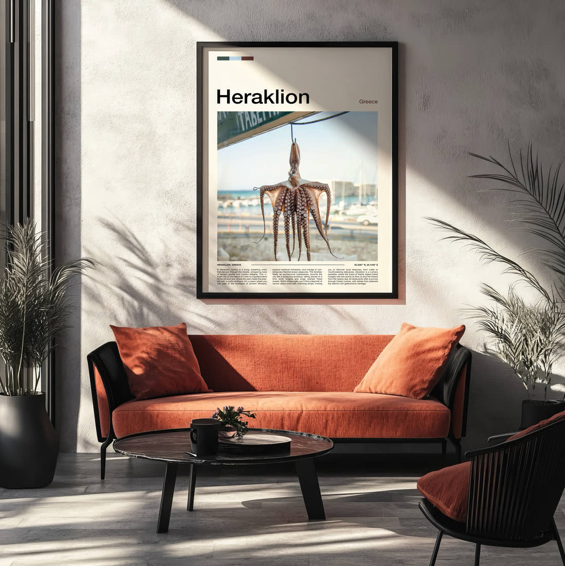 Heraklion Octopus Drying Travel Print framed on the wall of a modern living room
