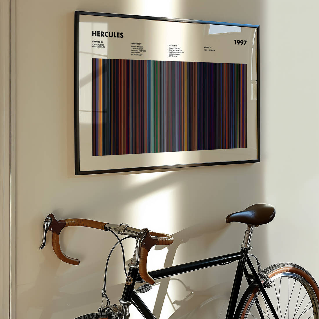 Hercules Movie Barcode Poster framed on the wall of a styled room setting