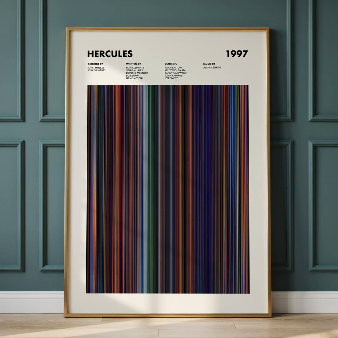 Hercules Movie Barcode Poster framed and leaning against a panelled wall
