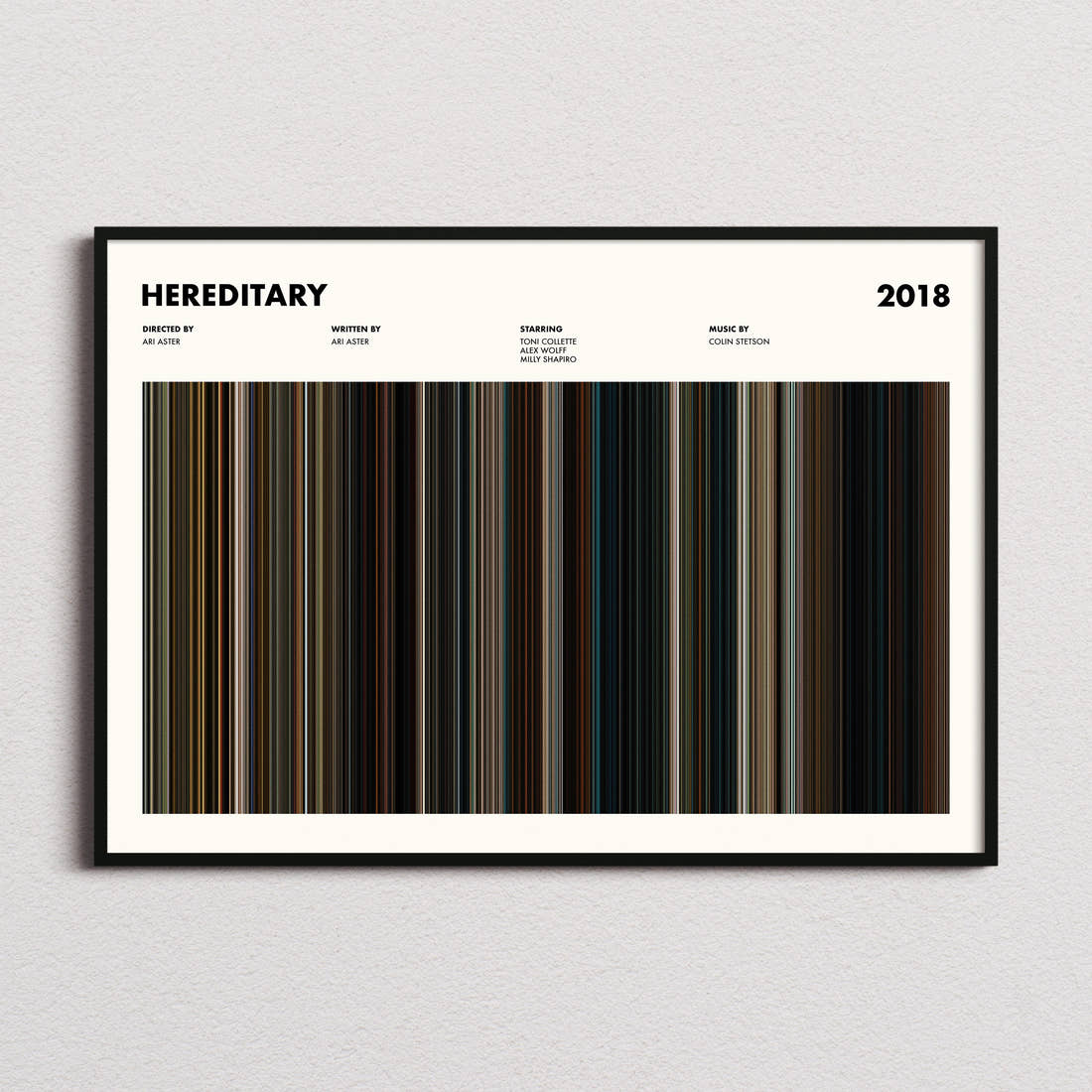 Hereditary Movie Barcode Poster framed and photographed straight on