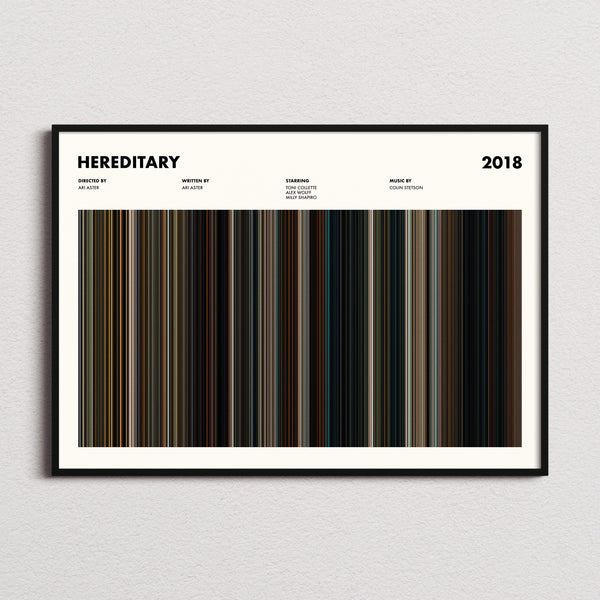 Hereditary Movie Barcode Poster framed and photographed straight on