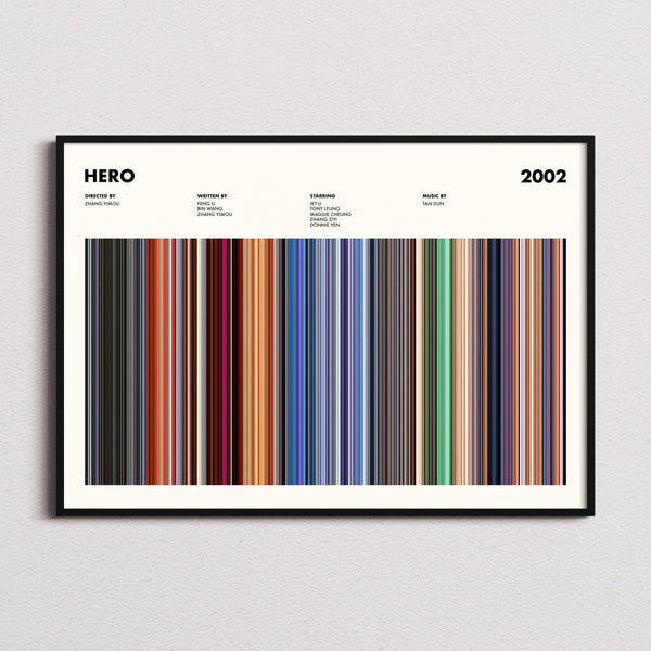 Hero Movie Barcode Poster framed and photographed straight on