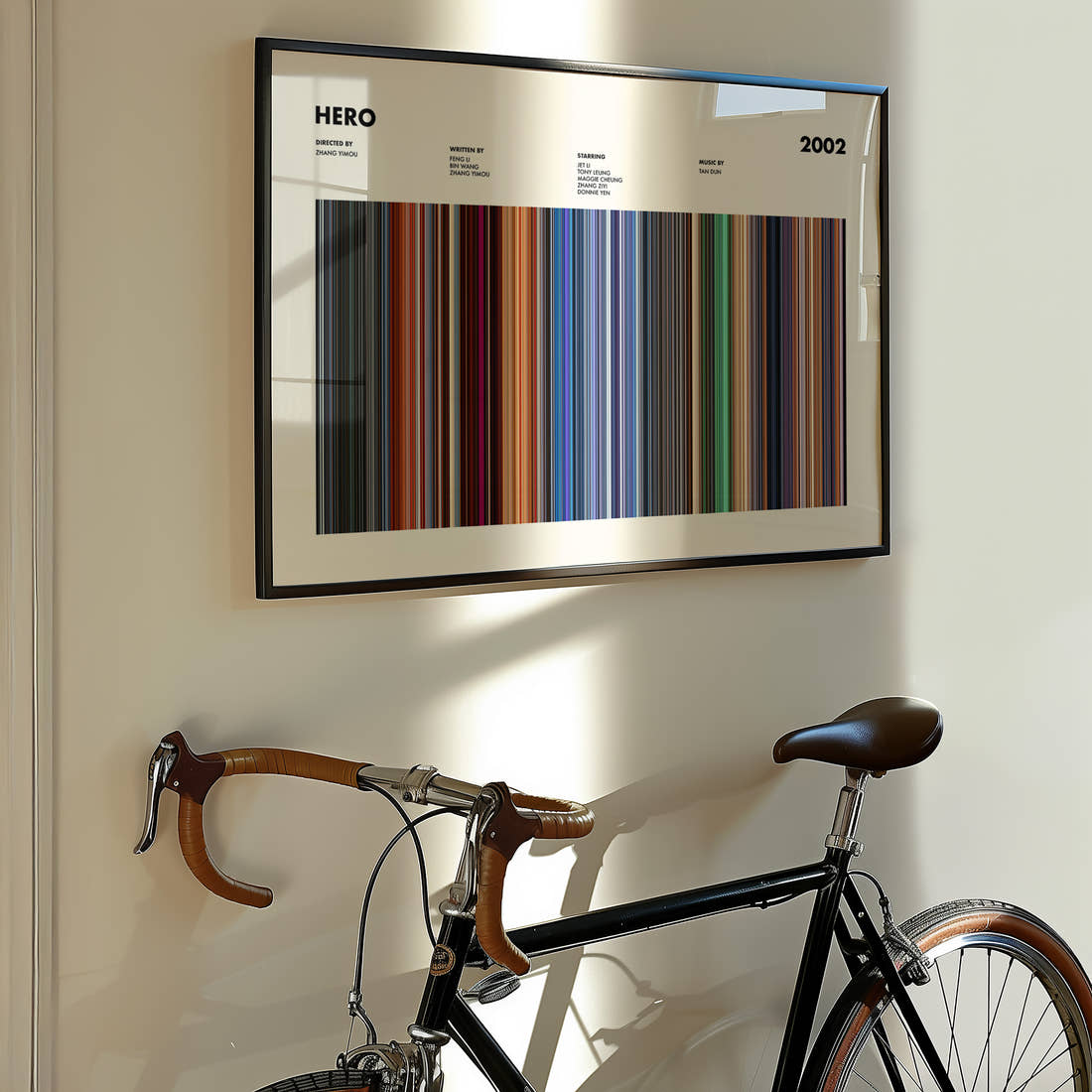 Hero Movie Barcode Poster framed on the wall of a styled room setting