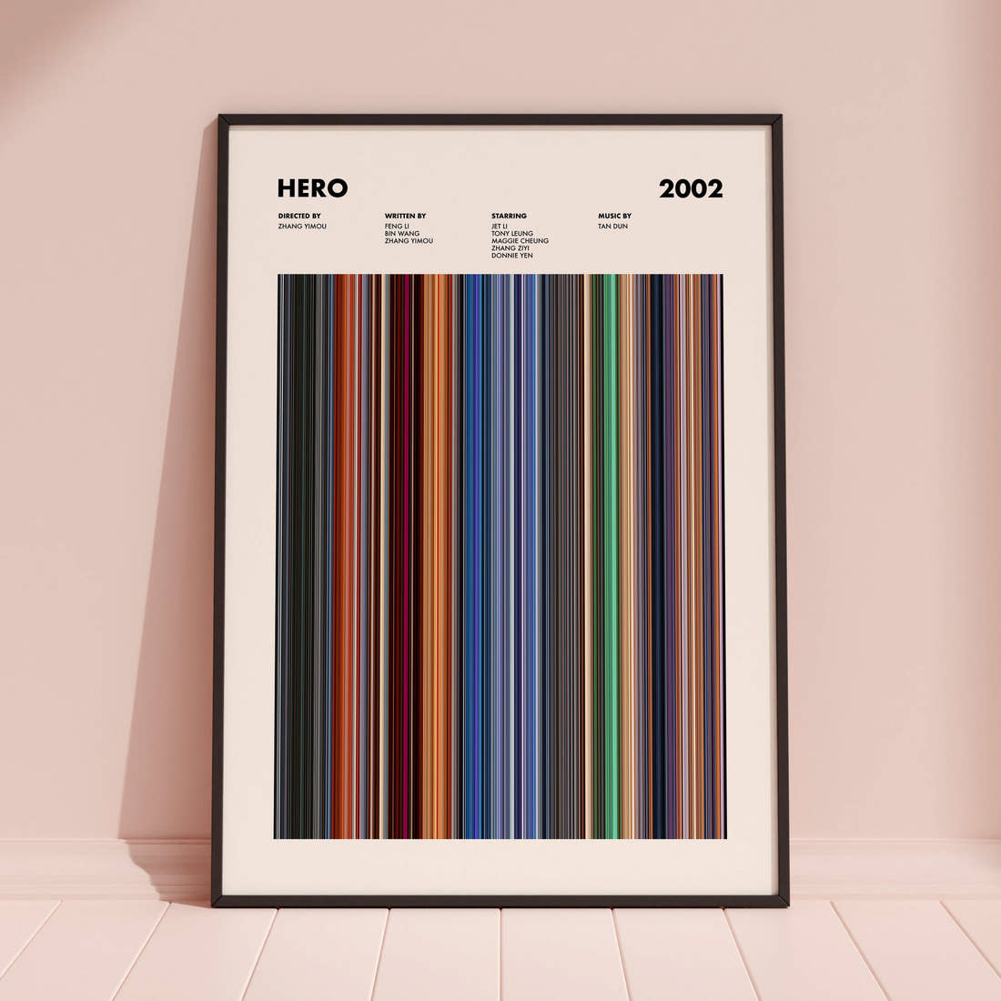 Hero Movie Barcode Poster framed and leaning against a coloured wall