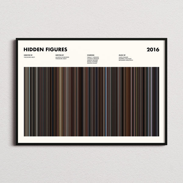 Hidden Figures Movie Barcode Poster framed and photographed straight on