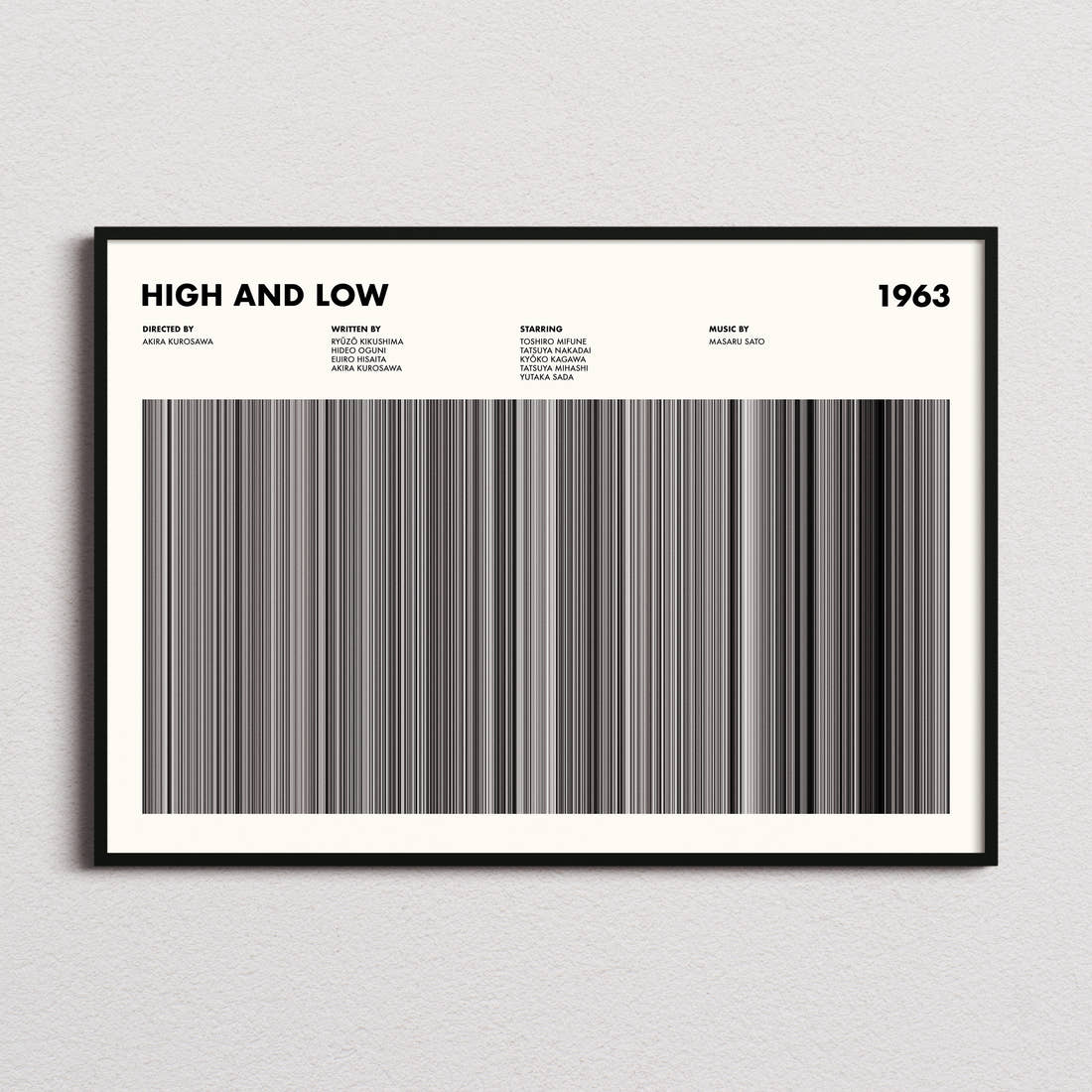 High and Low Movie Barcode Poster framed and photographed straight on