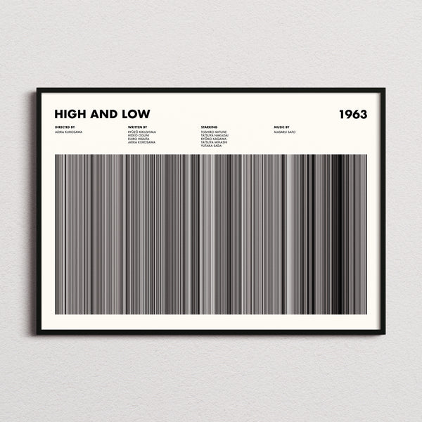 High and Low Movie Barcode Poster framed and photographed straight on
