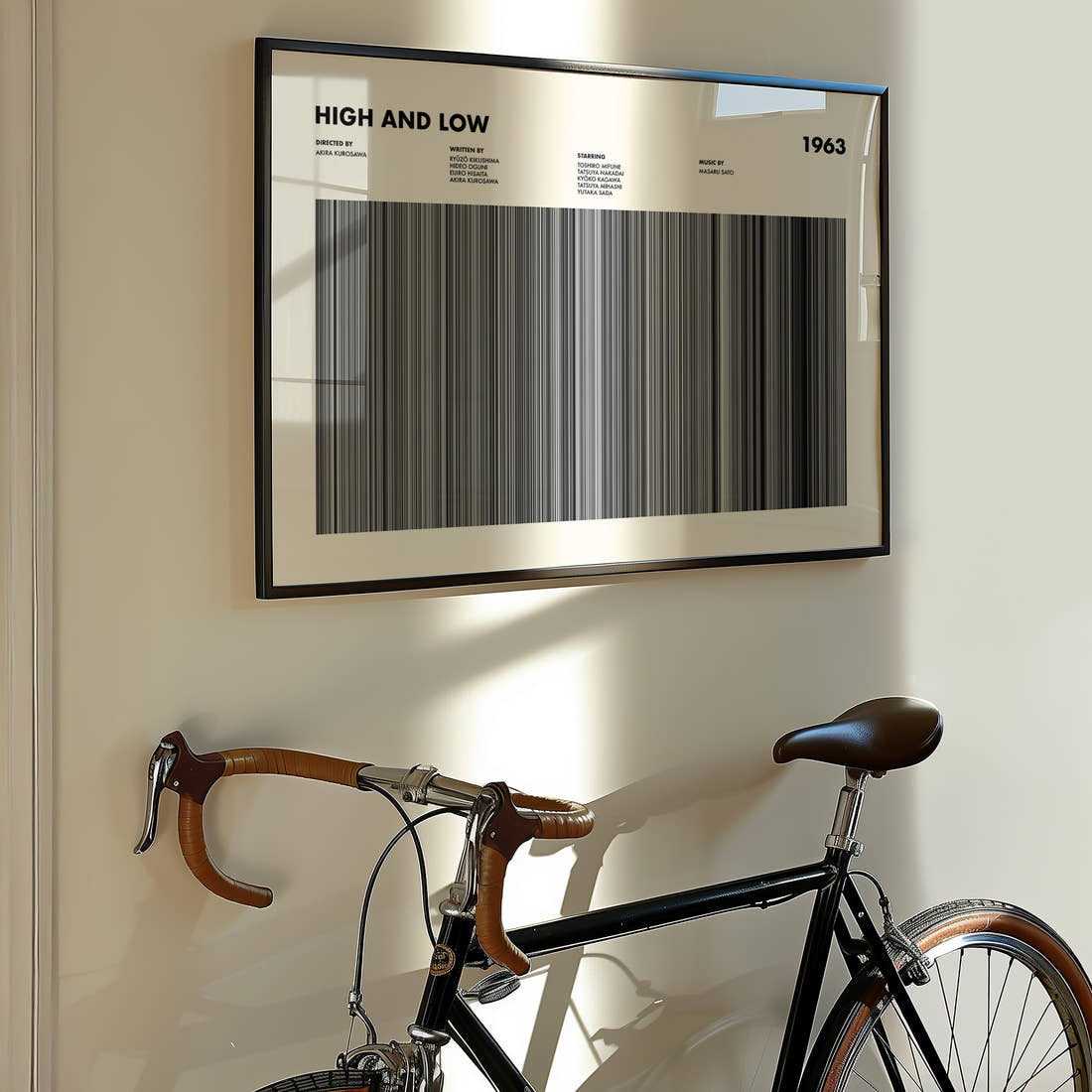 High and Low Movie Barcode Poster framed on the wall of a styled room setting