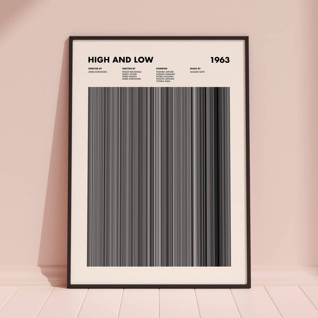 High and Low Movie Barcode Poster framed and leaning against a coloured wall