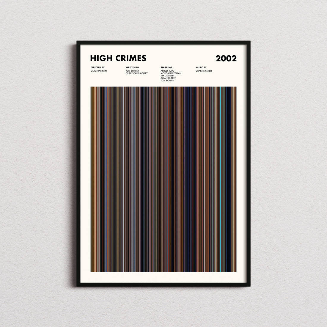 High Crimes Movie Barcode Poster framed on a plain studio wall
