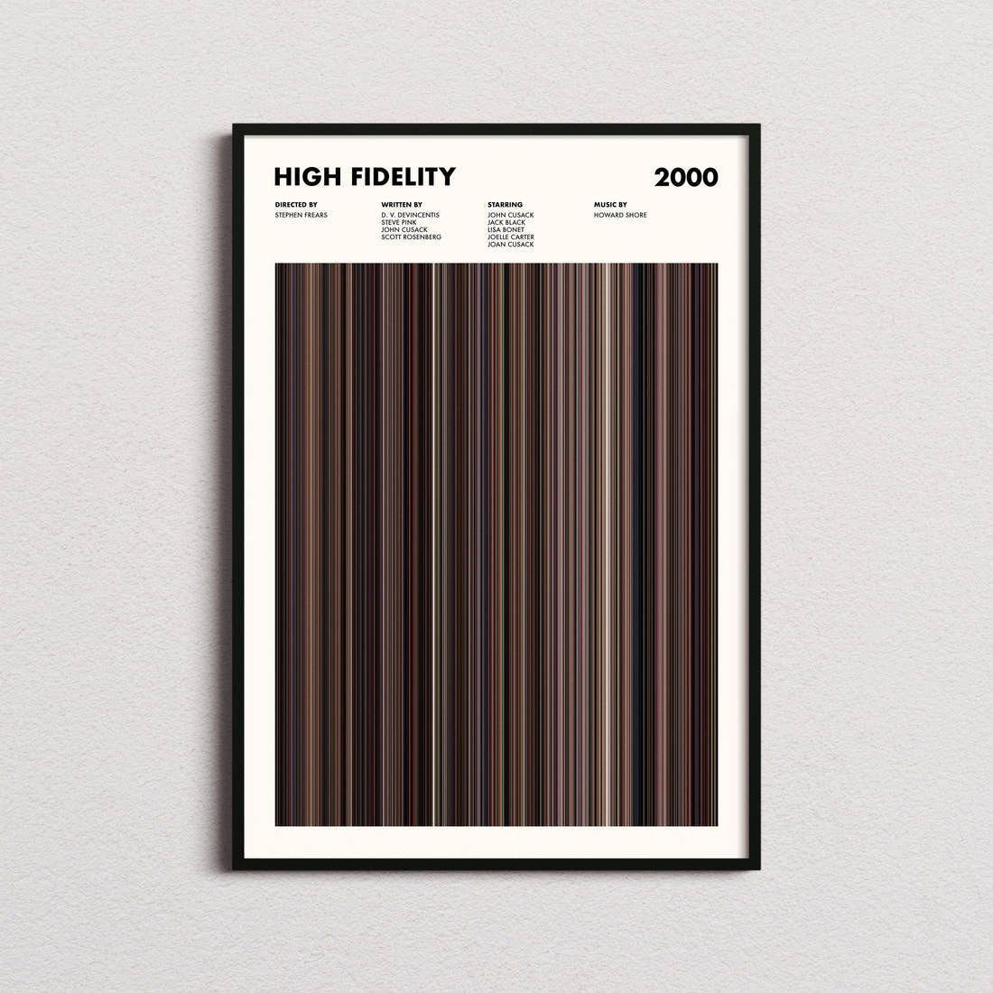 High Fidelity Movie Barcode Poster framed on a plain studio wall