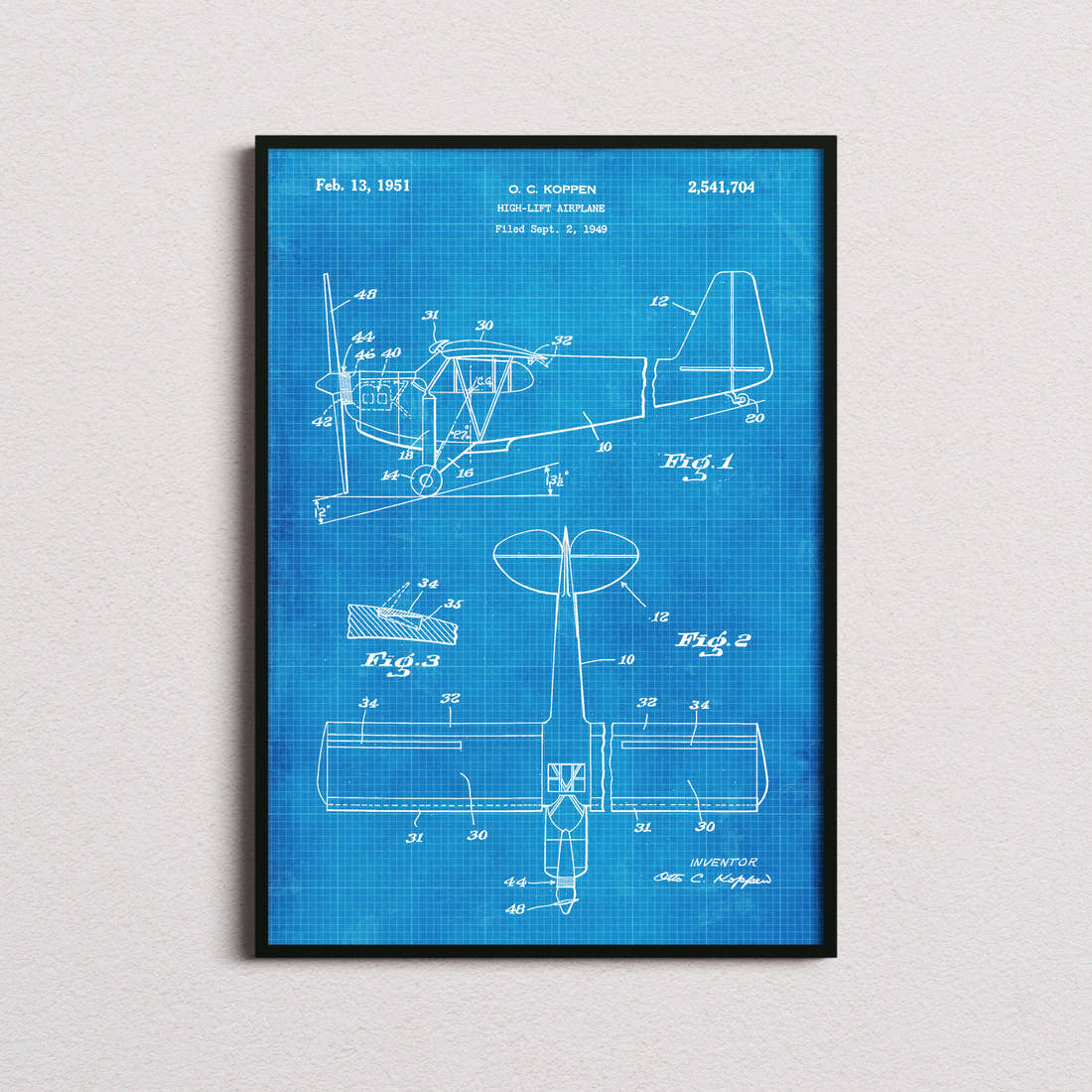 High Lift Airplane Patent Print in the blueprint colourway, framed