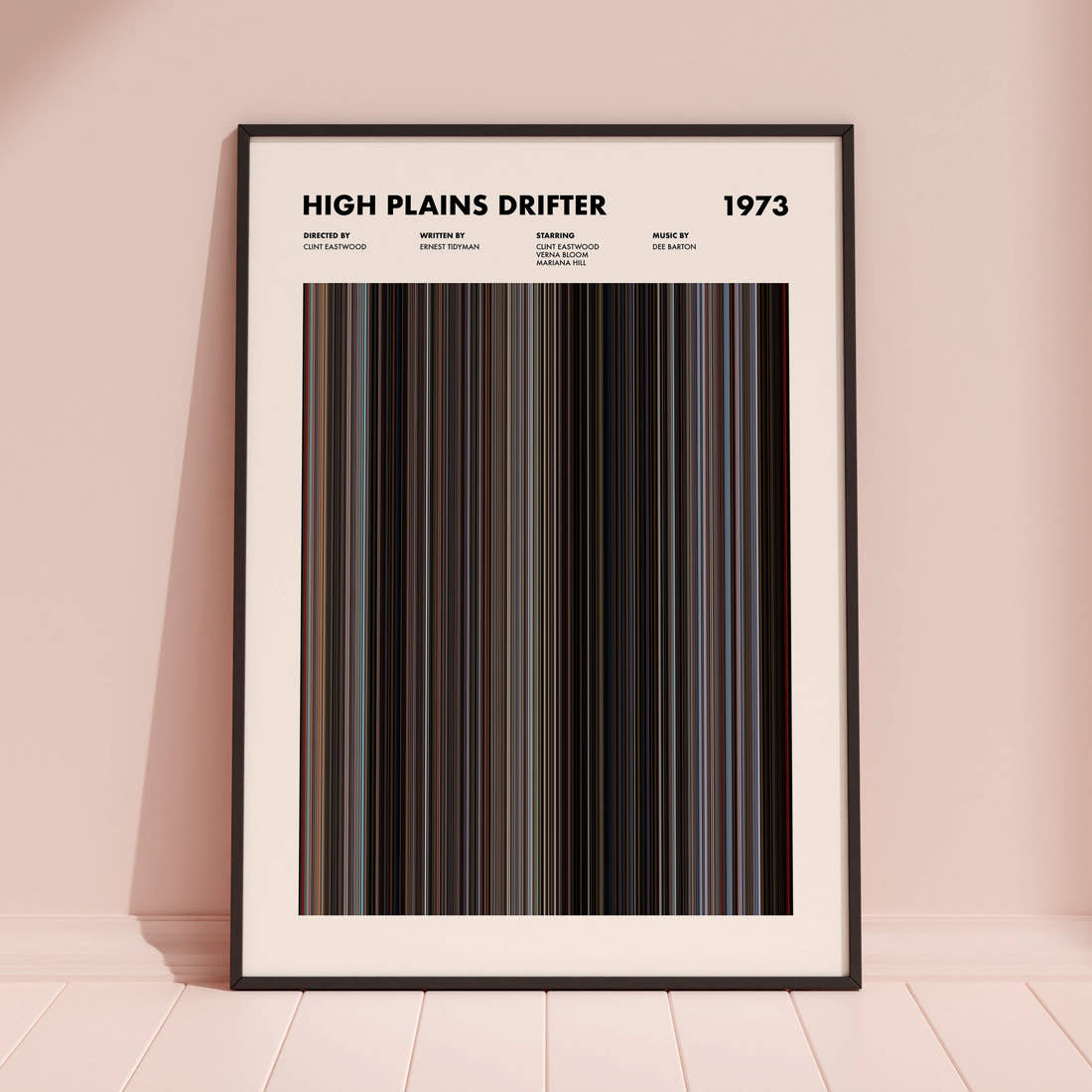 High Plains Drifter Movie Barcode Poster framed and leaning against a coloured wall