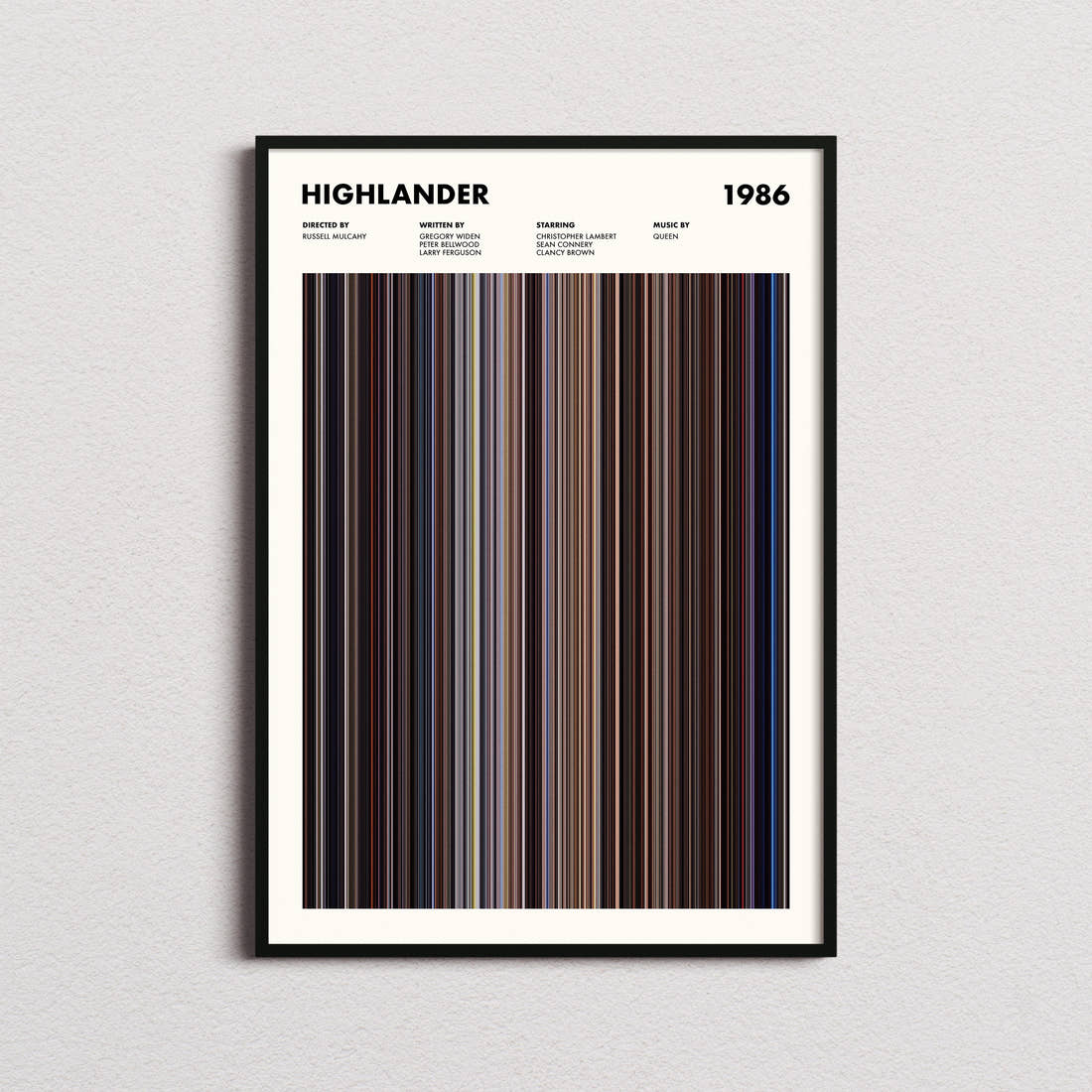 Highlander Movie Barcode Poster framed on a plain studio wall
