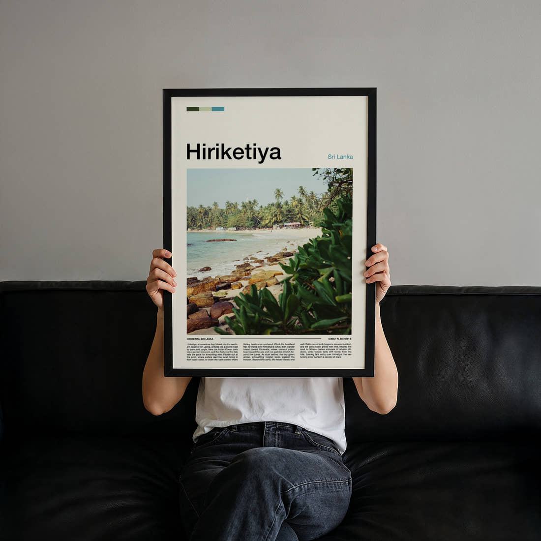 Hiriketiya Palm-Fringed Bay Travel Print held up by hand to show the size of the print