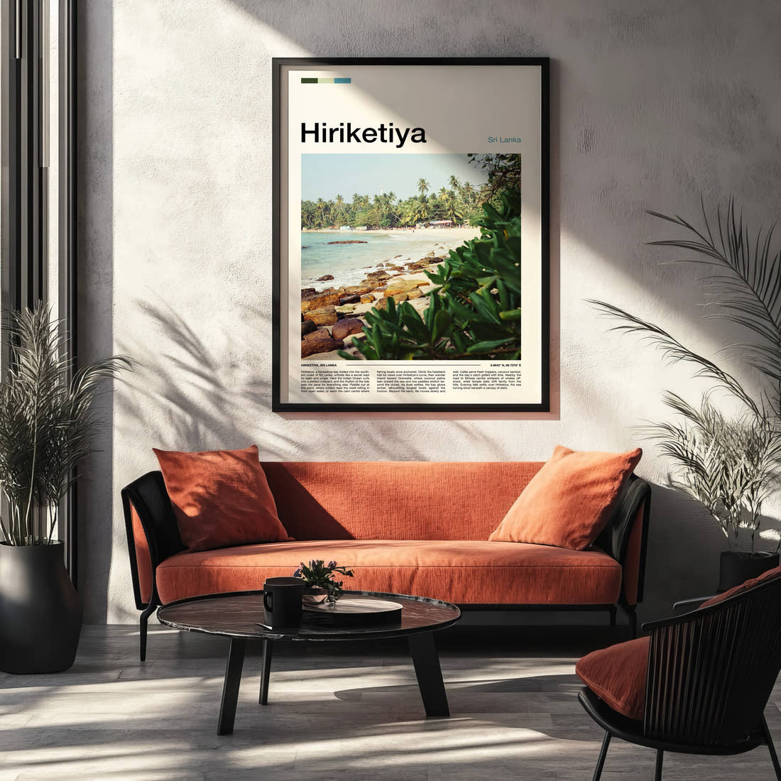 Hiriketiya Palm-Fringed Bay Travel Print framed on the wall of a modern living room