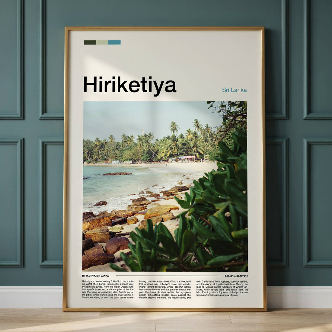 Hiriketiya Palm-Fringed Bay Travel Print framed on the wall of a calm, neutral bedroom