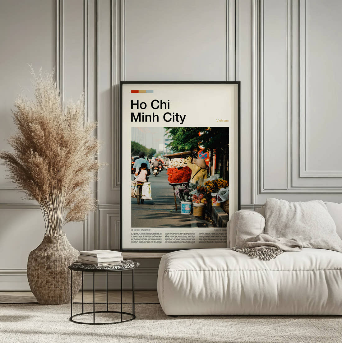 Ho Chi Minh City Flower Stall On The Street Travel Print framed on the wall of a calm, neutral bedroom