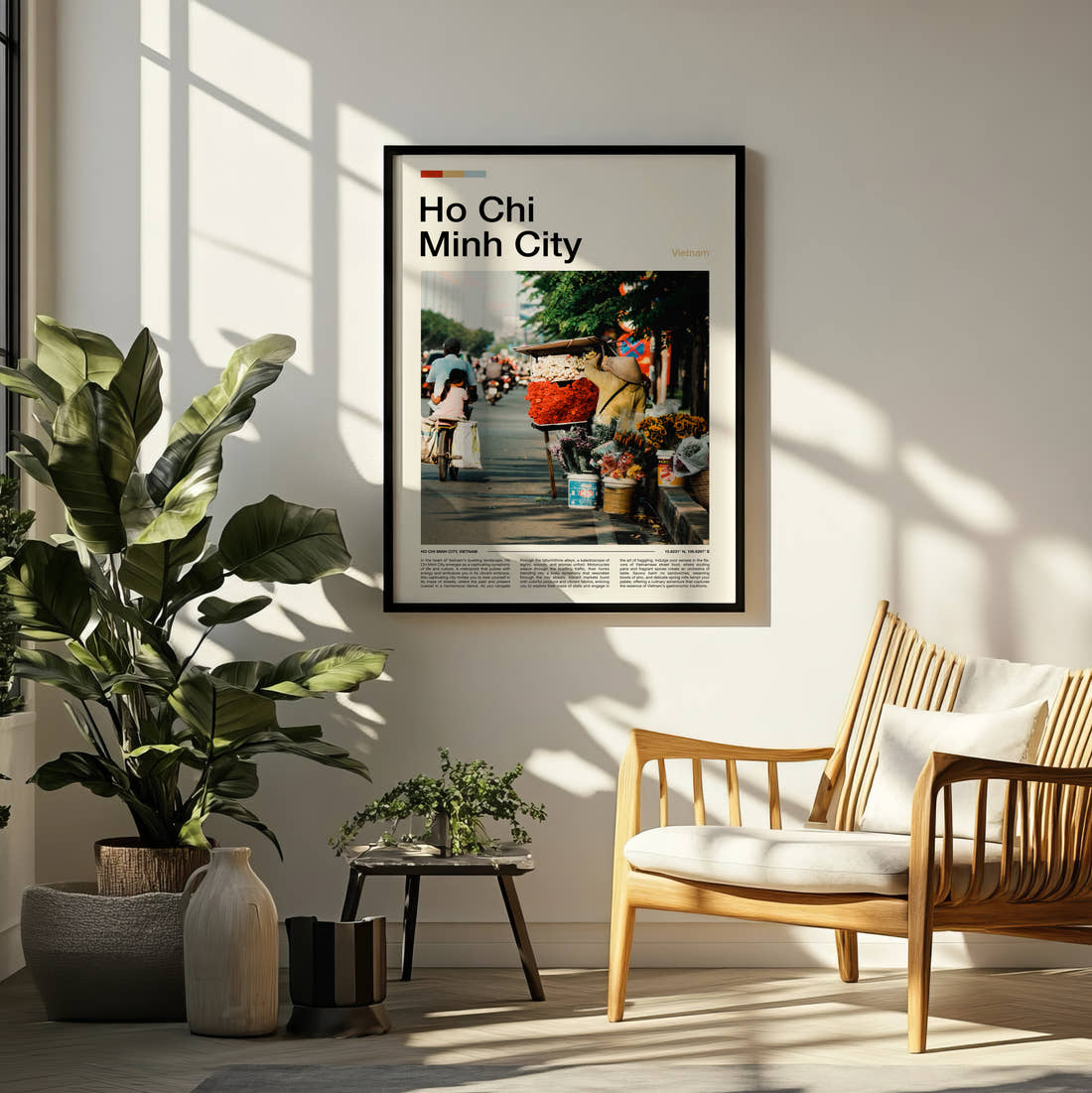 Ho Chi Minh City Flower Stall On The Street Travel Print framed on a pale wall beside houseplants