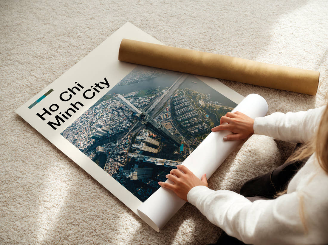 Ho Chi Minh City Aerial View Of The City Travel Print being unrolled from its postal tube