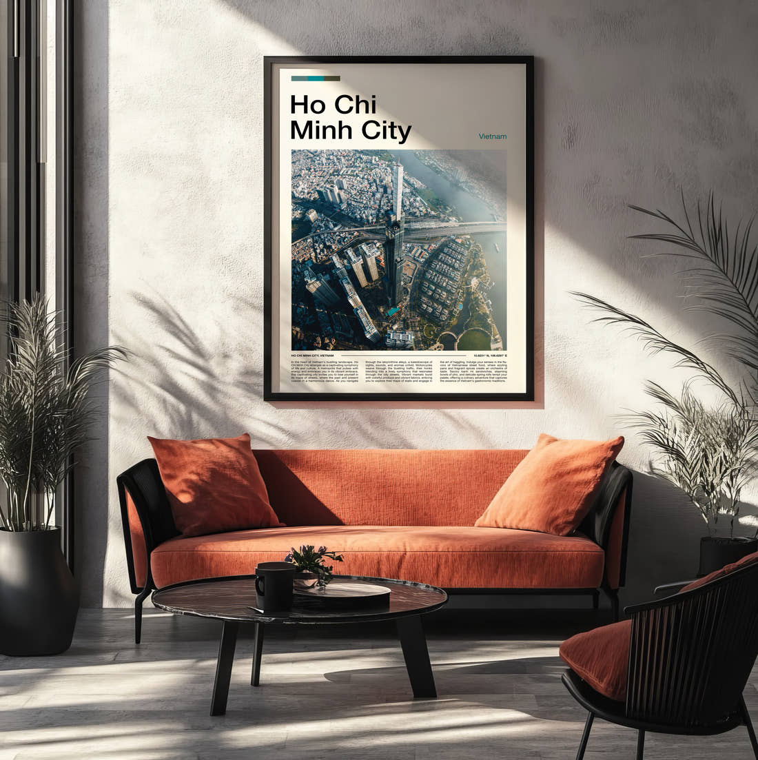 Ho Chi Minh City Aerial View Of The City Travel Print framed on the wall of a modern living room