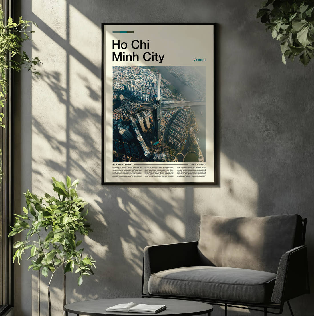 Ho Chi Minh City Aerial View Of The City Travel Print framed on the wall of a relaxed living room