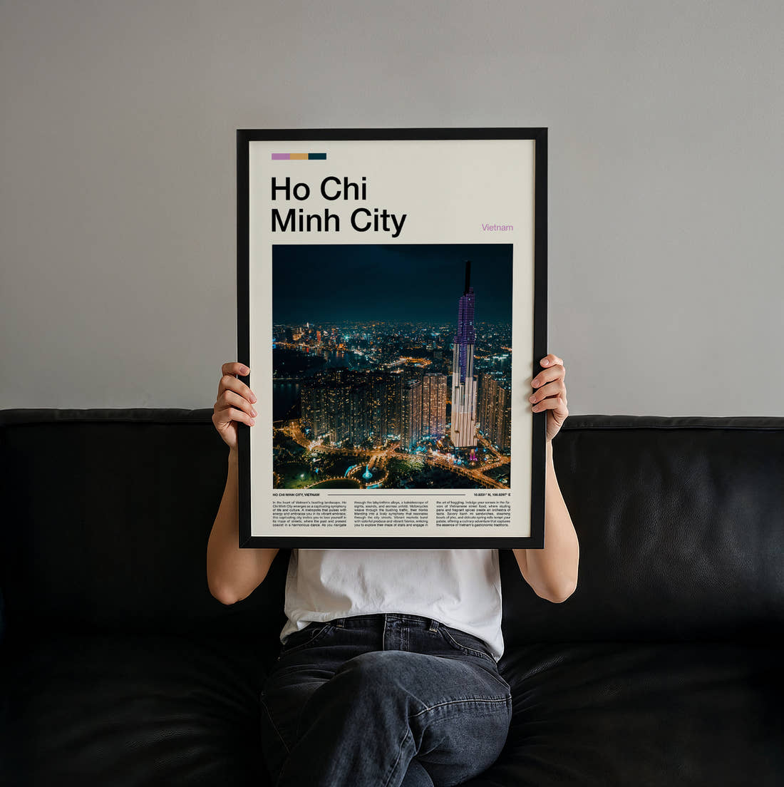 Ho Chi Minh City Night Skyline Travel Print held up by hand to show the size of the print