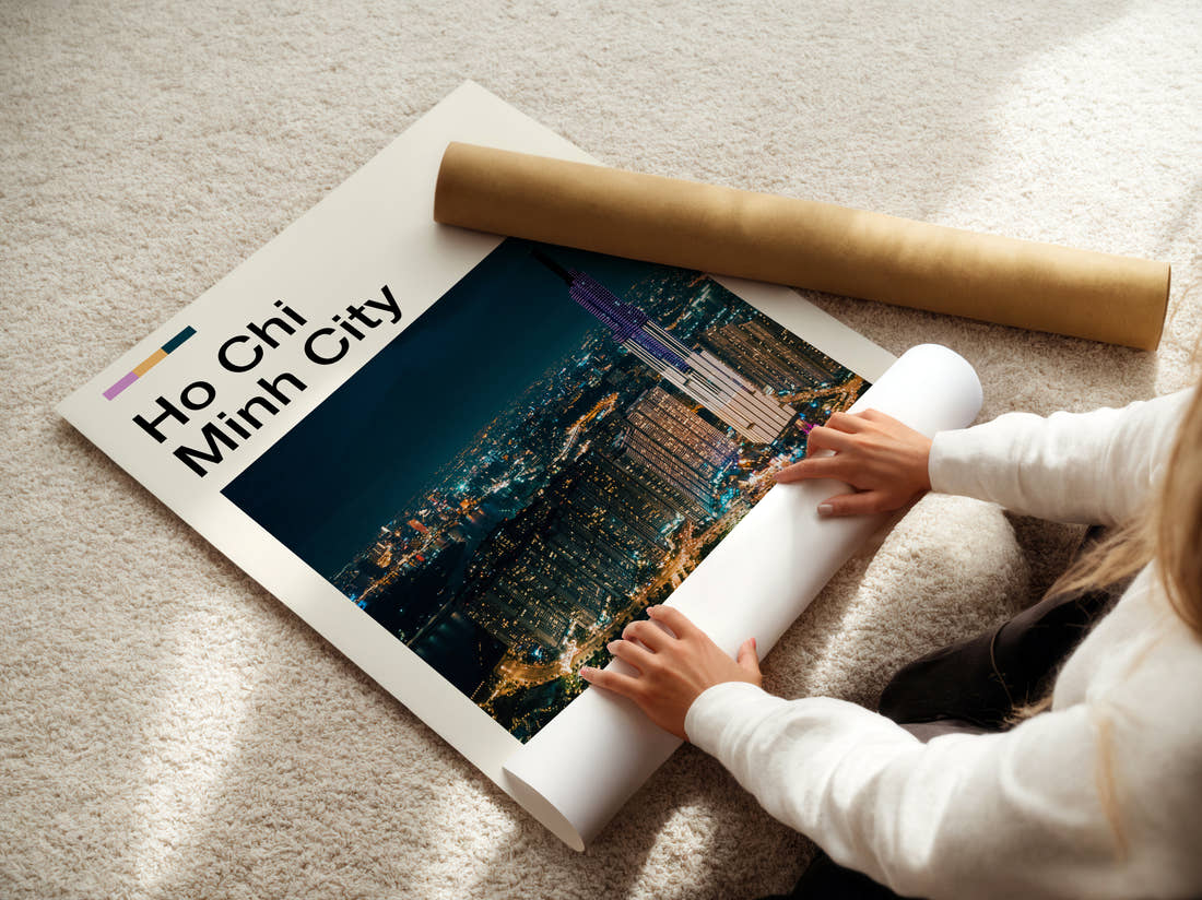 Ho Chi Minh City Night Skyline Travel Print being unrolled from its postal tube
