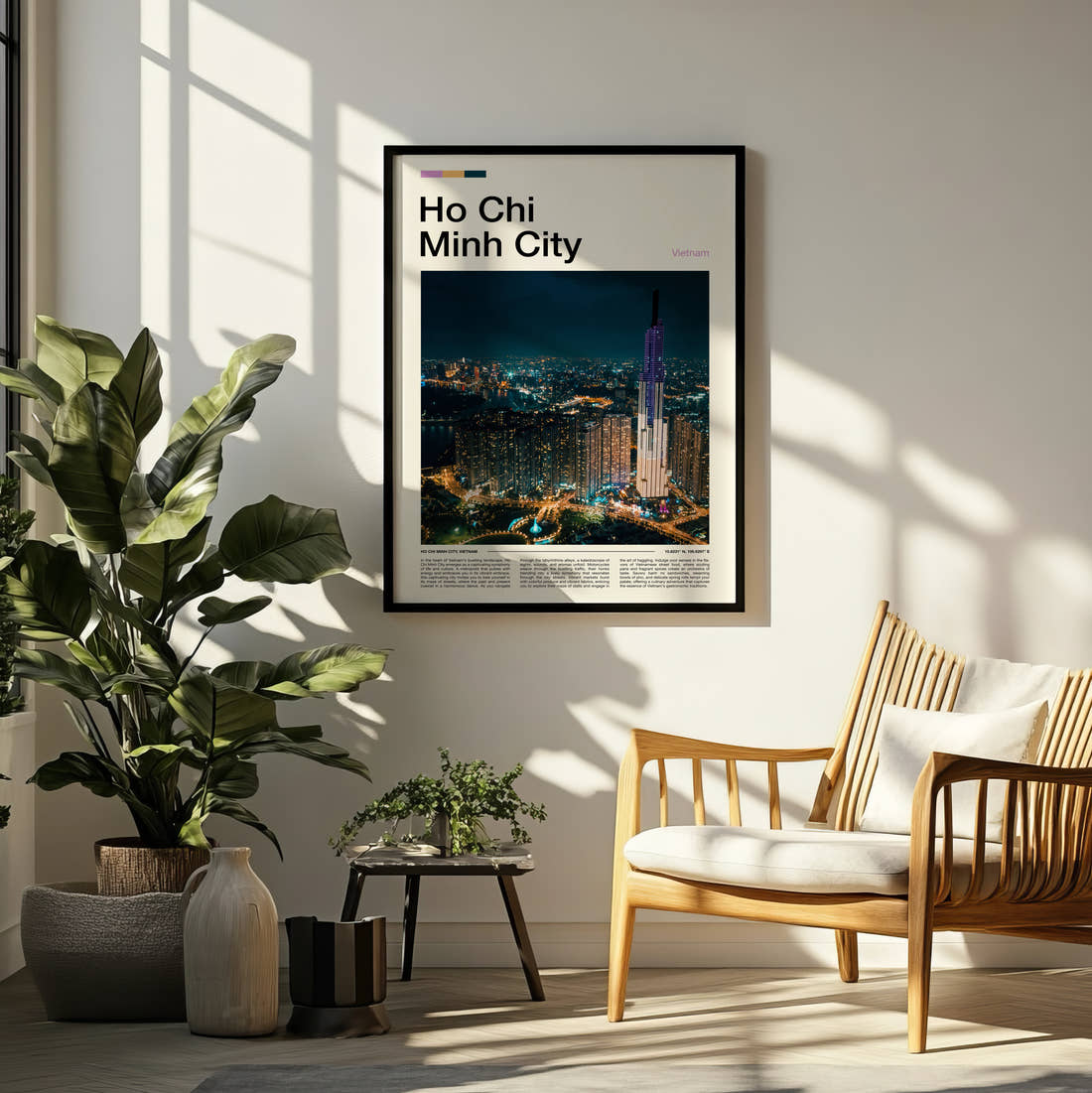 Ho Chi Minh City Night Skyline Travel Print framed on a pale wall beside houseplants