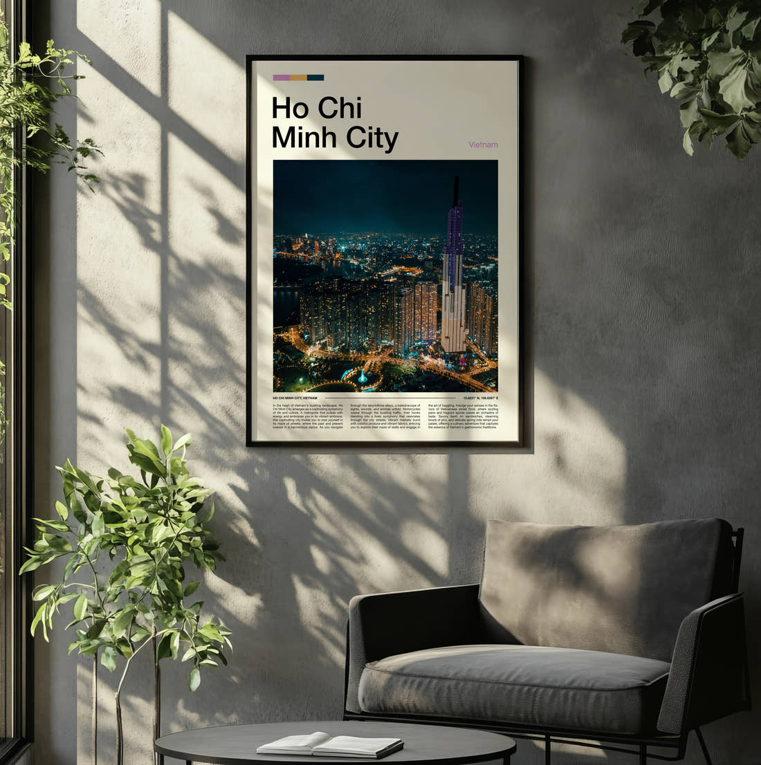 Ho Chi Minh City Night Skyline Travel Print framed on the wall of a relaxed living room