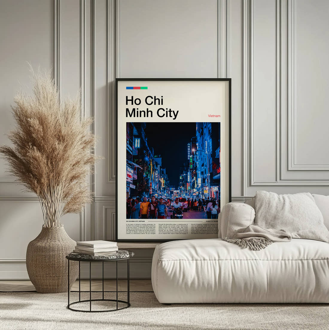 Ho Chi Minh City Neon Street At Night Travel Print framed on the wall of a calm, neutral bedroom