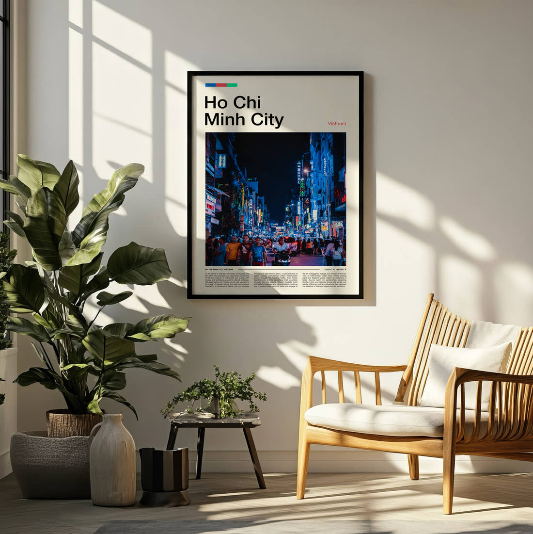 Ho Chi Minh City Neon Street At Night Travel Print framed on a pale wall beside houseplants