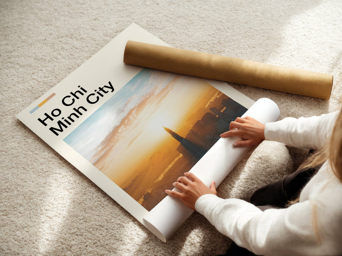 Ho Chi Minh City Sunrise Over Skyline Travel Print being unrolled from its postal tube