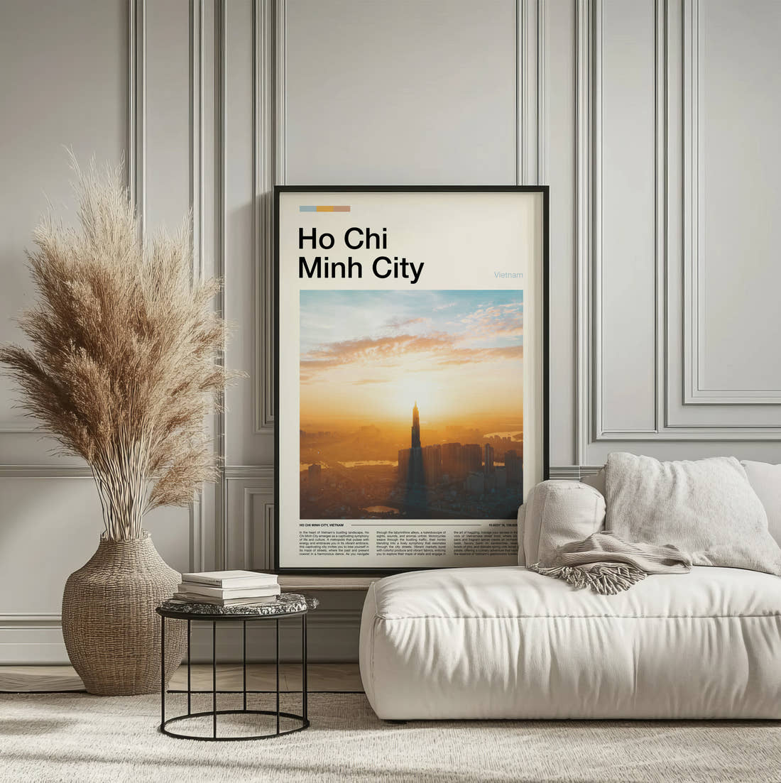 Ho Chi Minh City Sunrise Over Skyline Travel Print framed on the wall of a calm, neutral bedroom