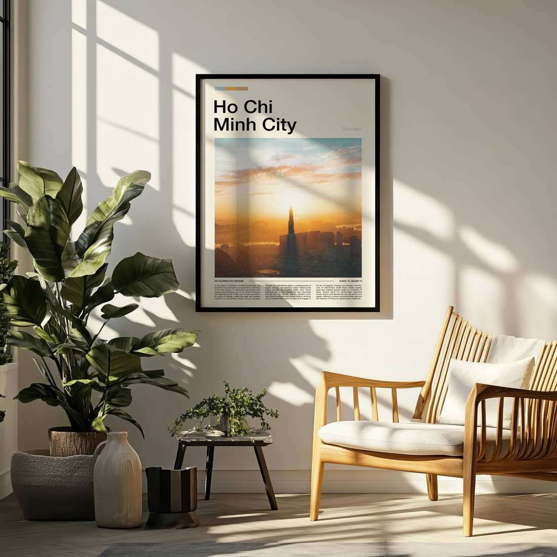 Ho Chi Minh City Sunrise Over Skyline Travel Print framed on a pale wall beside houseplants