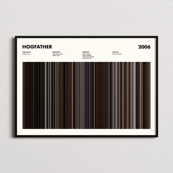 Hogfather Movie Barcode Poster framed and photographed straight on