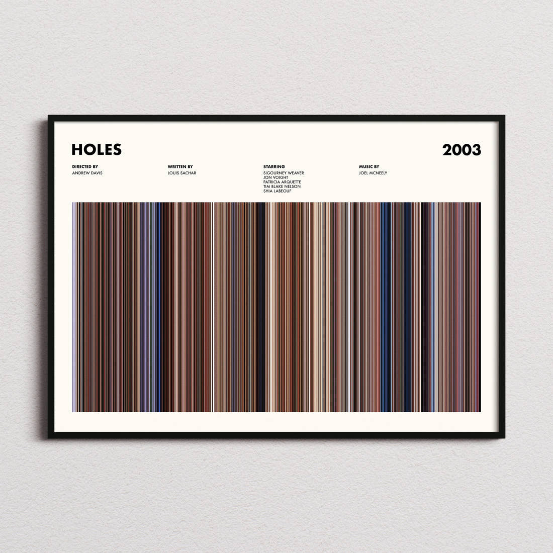 Holes Movie Barcode Poster framed and photographed straight on