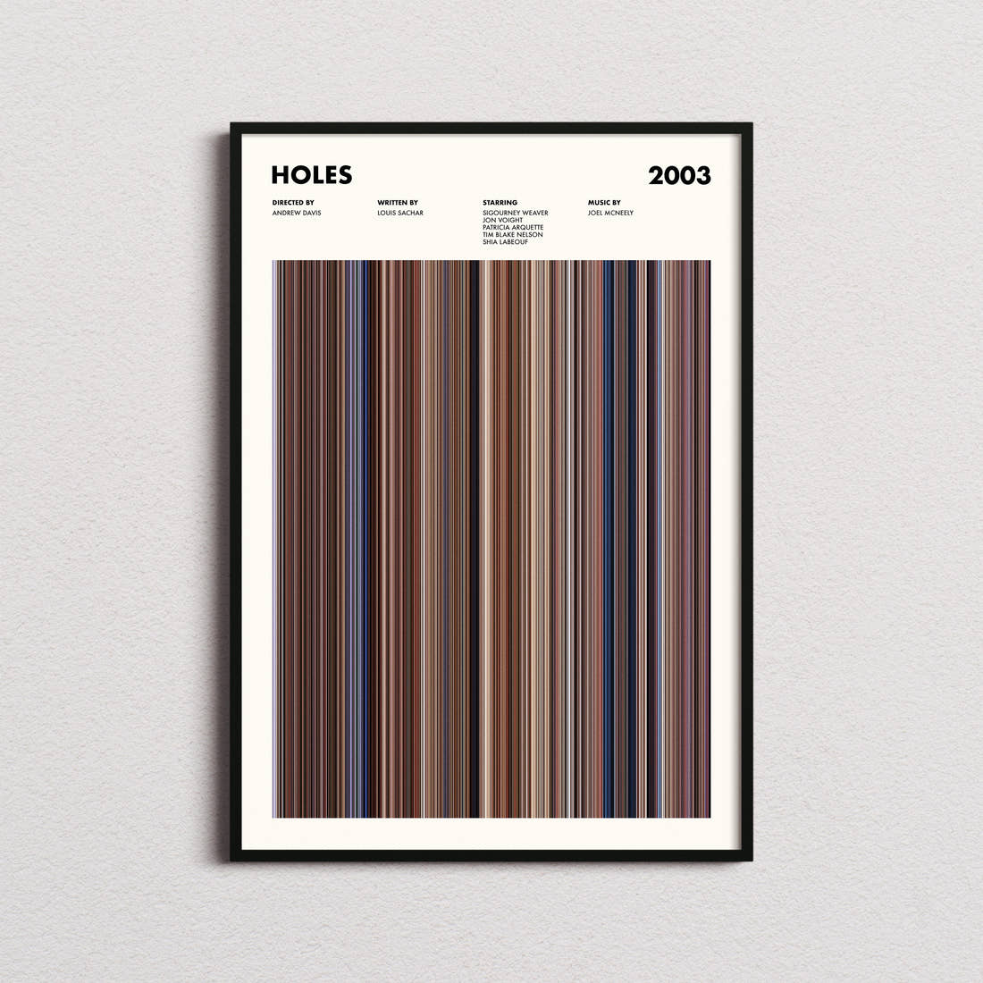 Holes Movie Barcode Poster framed on a plain studio wall