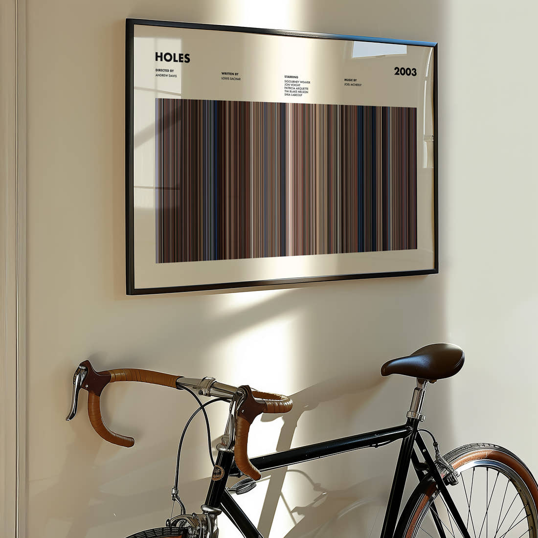 Holes Movie Barcode Poster framed on the wall of a styled room setting
